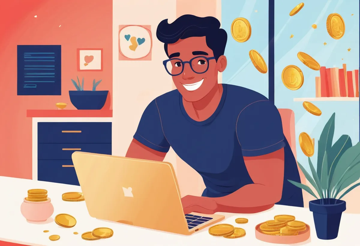 Un homme souriant à lunettes travaille sur son ordinateur portable, des pièces d'or volent autour de lui