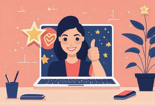 Une femme souriante lève le pouce devant un ordinateur, entourée d'étoiles dorées
