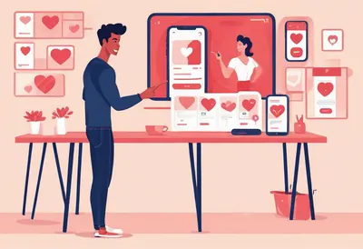 Bien choisir sa niche Un homme debout montre du doigt une application de rencontre parmi plusieurs écrans posés sur une table