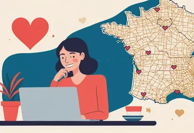 Écrire sur sa ville Une femme sourit devant son ordinateur, à côté d'une carte de France avec un cœur sur chaque grande ville