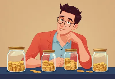 Comparer les modes de rémunération Un homme à lunettes, le menton dans la main, compare des bocaux remplis de pièces d'or