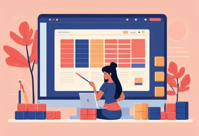 Criar o seu próprio site Uma mulher constrói um site num ecrã grande com blocos coloridos