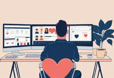 Imaginer son site de rencontre Un homme vu de dos à son bureau construit son site de rencontre, des profils et des cœurs sur ses trois écrans