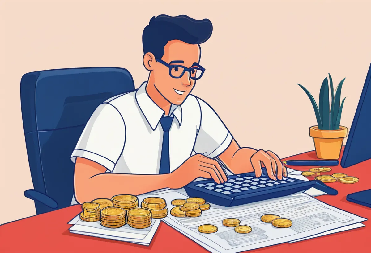 A man does his accounts at his desk with a calculator, papers and coins