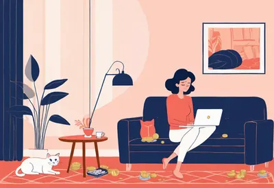 Travailler depuis chez soi Une femme travaille sur son ordinateur dans son canapé, un chat à ses pieds
