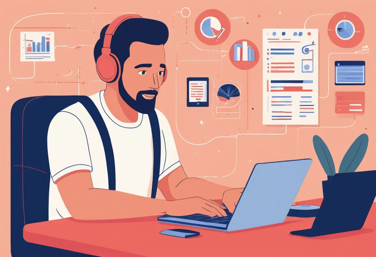 Un homme barbu avec un casque audio travaille sur son ordinateur, entouré de graphiques