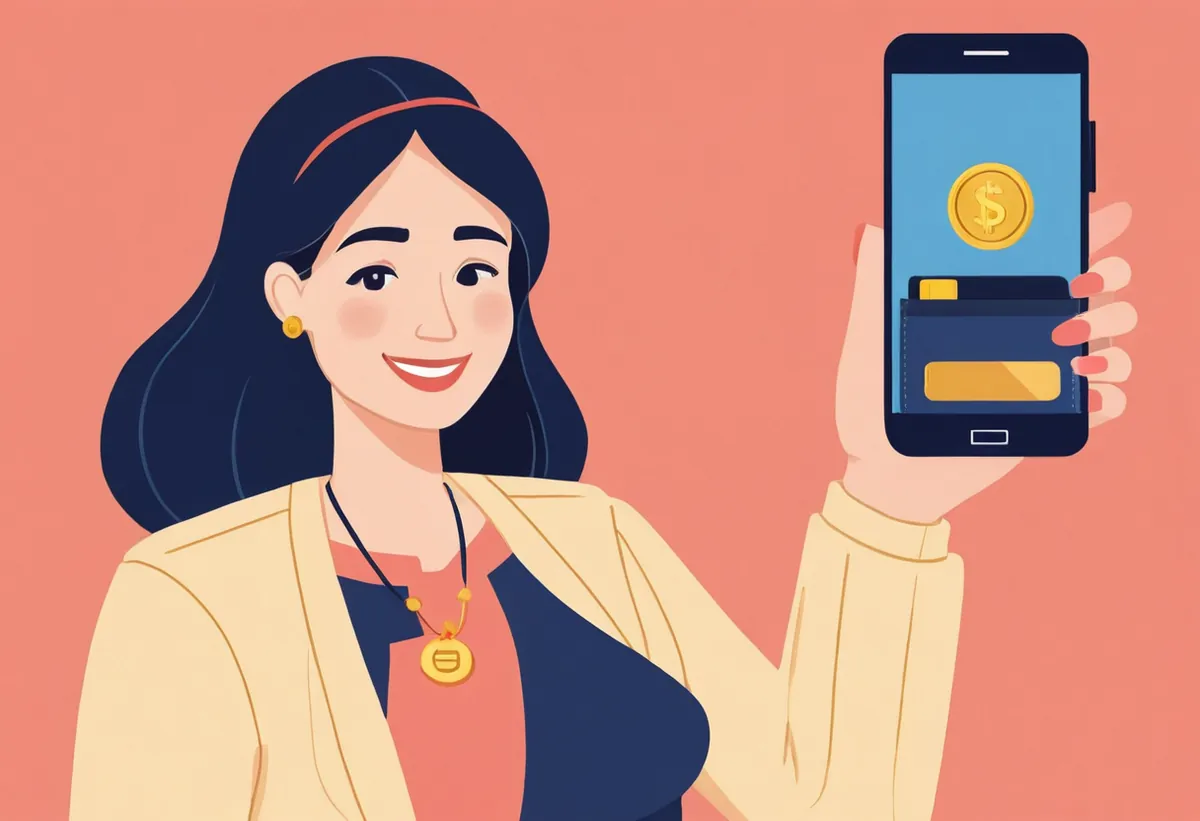 Une femme souriante montre son téléphone affichant un paiement reçu