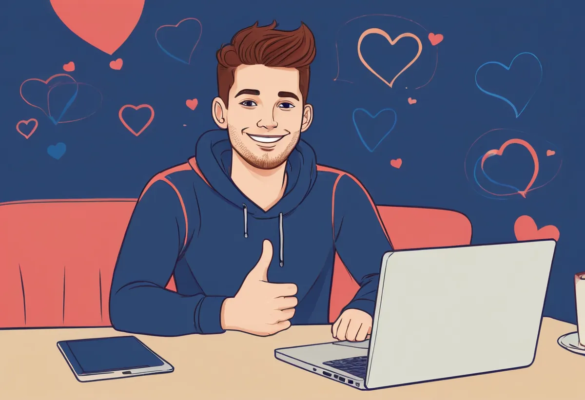 Animer une page Facebook Un jeune homme en sweat lève le pouce à côté de son ordinateur, dans un café, entouré de cœurs