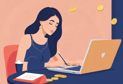 Vivre de son blog Une femme écrit un article de blog sur son ordinateur, des pièces d'or sur le bureau