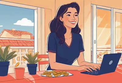 Ganhar dinheiro na internet Uma mulher sorridente trabalha no computador num terraço ao sol, com moedas em cima da mesa