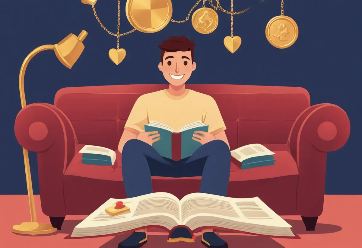 Les mots de l'affiliation expliqués Un jeune homme souriant lit un livre assis sur un canapé rouge, des livres ouverts autour de lui