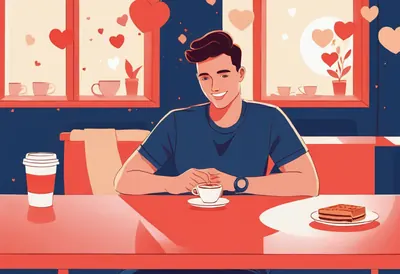 Développer son compte Instagram Un jeune homme souriant boit un café dans un café décoré de cœurs