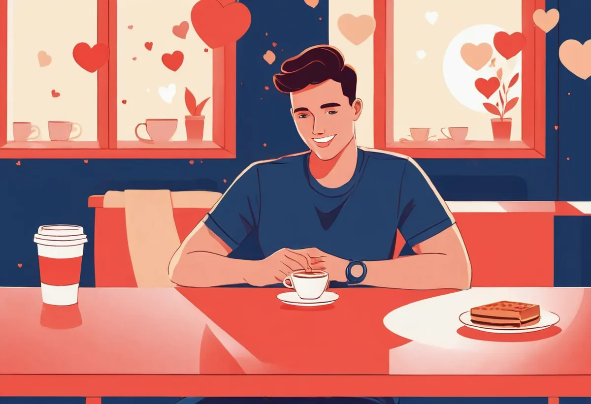 Développer son compte Instagram Un jeune homme souriant boit un café dans un café décoré de cœurs