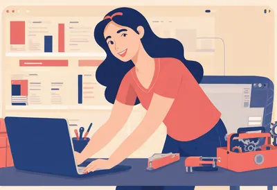 Choisir son logiciel Une femme souriante sur son ordinateur, une caisse à outils posée sur le bureau