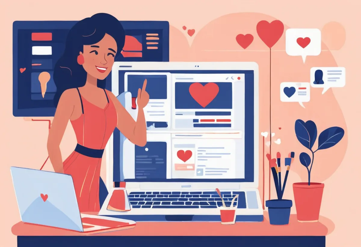 Une femme souriante montre son site de rencontre sur un grand écran orné de cœurs