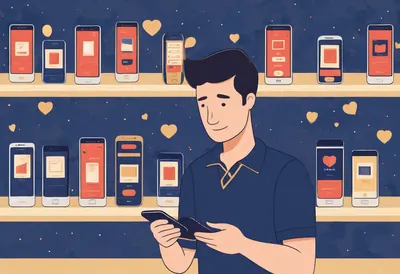 Choisir les bonnes offres Un homme choisit parmi des rangées de téléphones présentant des applications de rencontre