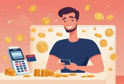 Recevoir ses paiements Un homme souriant consulte son téléphone, à côté d'un terminal de paiement et de piles de pièces