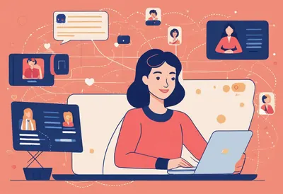 Comparer les plateformes Une femme sur son ordinateur, entourée d'écrans reliés montrant des profils