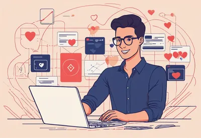 Rendimento com a Prelinker Um homem de óculos no portátil, ligado por linhas a ecrãs de perfis e corações