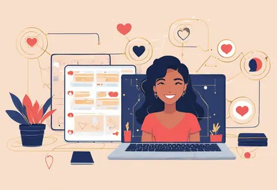 Uma ligação que se adapta a cada país Uma jovem sorridente atrás do portátil, com corações ligados por fios dourados à sua volta