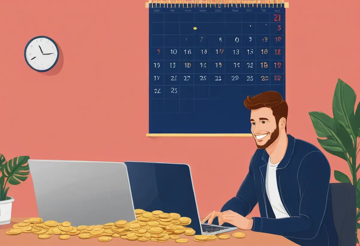 Un homme souriant travaille sur son ordinateur devant un calendrier mural, des pièces d'or sur le bureau