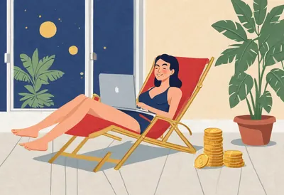 La liberté des revenus passifs Une femme se repose sur une chaise longue avec son ordinateur, des piles de pièces à côté