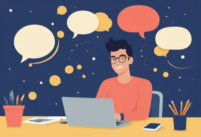 Publier sur Snapchat Un homme à lunettes travaille sur son ordinateur, entouré de bulles de discussion