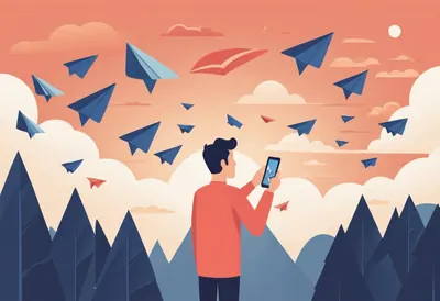 Animer un canal Telegram Un homme envoie un message depuis son téléphone, des avions en papier s'envolent dans le ciel