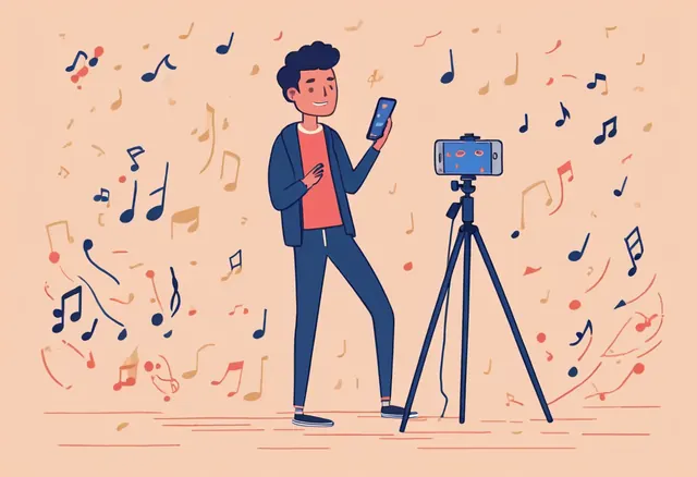 Un jeune homme se filme avec son téléphone posé sur un trépied, des notes de musique autour
