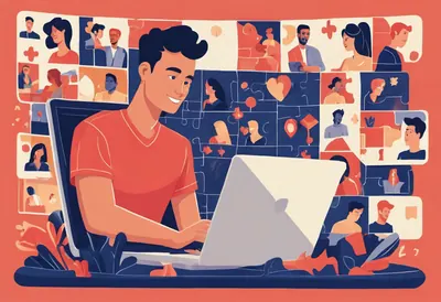 Intégrer des widgets sur son site Un homme sur son ordinateur portable devant un mur de vignettes de profils assemblées comme un puzzle