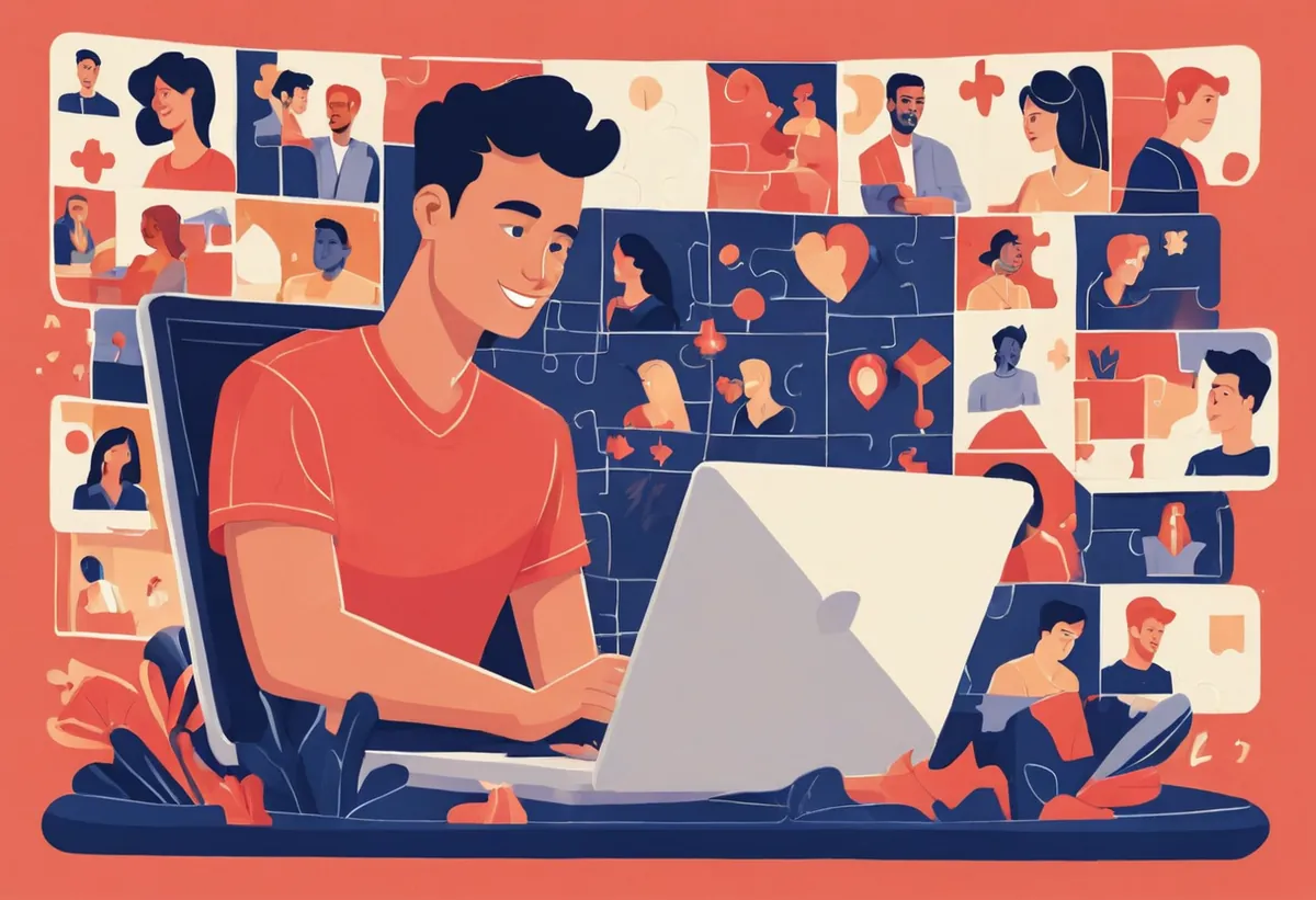 Intégrer des widgets sur son site Un homme sur son ordinateur portable devant un mur de vignettes de profils assemblées comme un puzzle