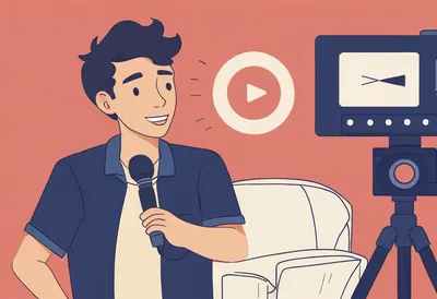 Lancer sa chaîne YouTube Un jeune homme parle au micro devant une caméra, un bouton lecture derrière lui
